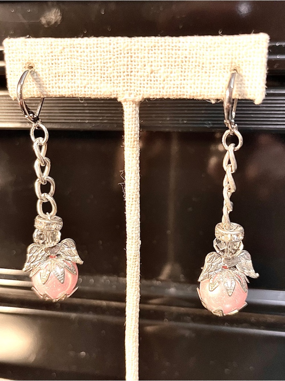 Silver-Tone & Pink Angel Earrings